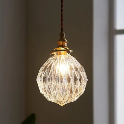 Glass sphere ceiling light pendant with faceted crystal and brass hardware by Decorbites on Tampa Home & Garden Store