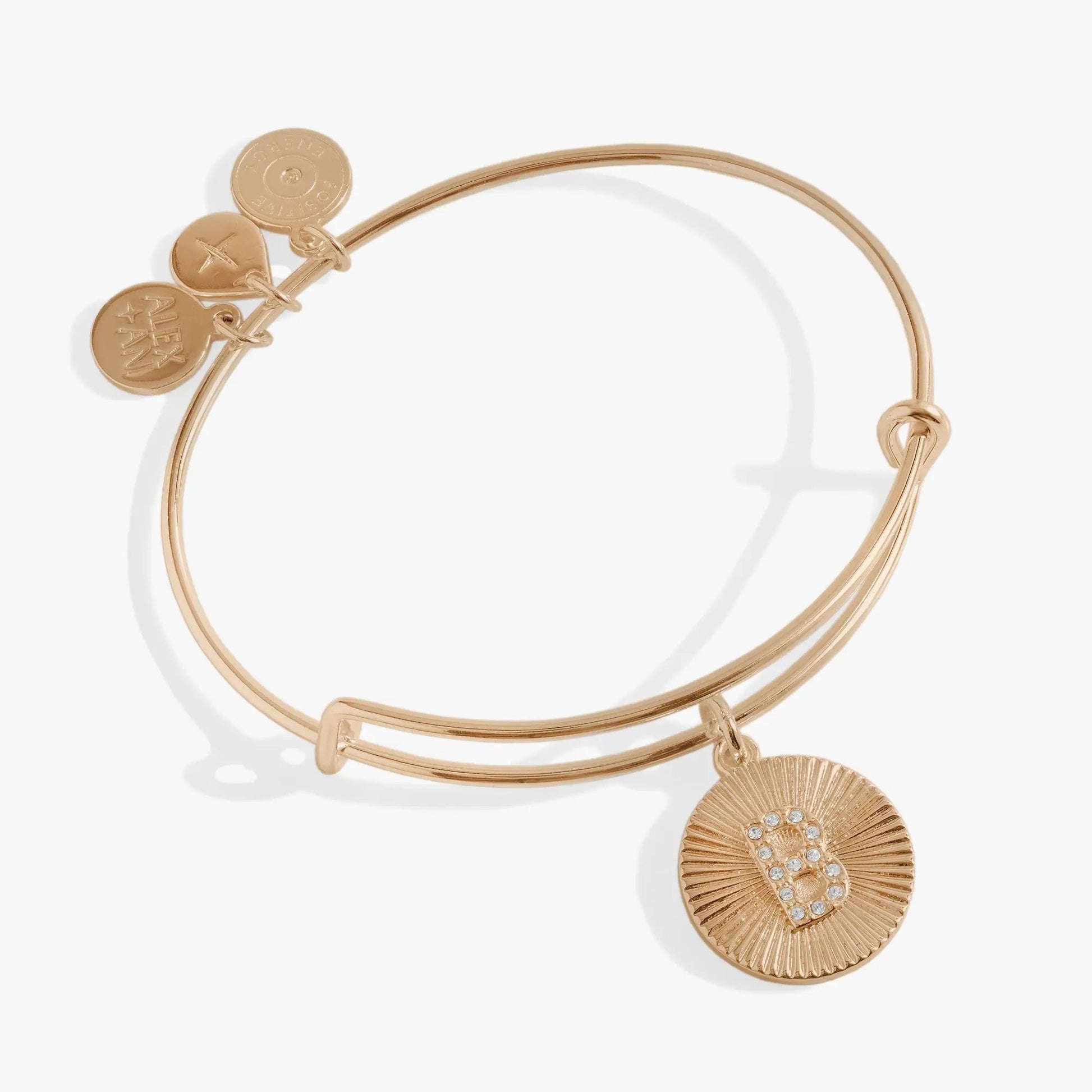 Initial B pave starburst texture rose-gold bangle with ALEX AND ANI charms and pavé shell charm on Tampa Home & Garden Store