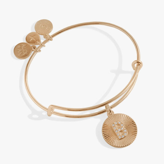 Initial B pave starburst texture rose-gold bangle with ALEX AND ANI charms and pavé shell charm on Tampa Home & Garden Store