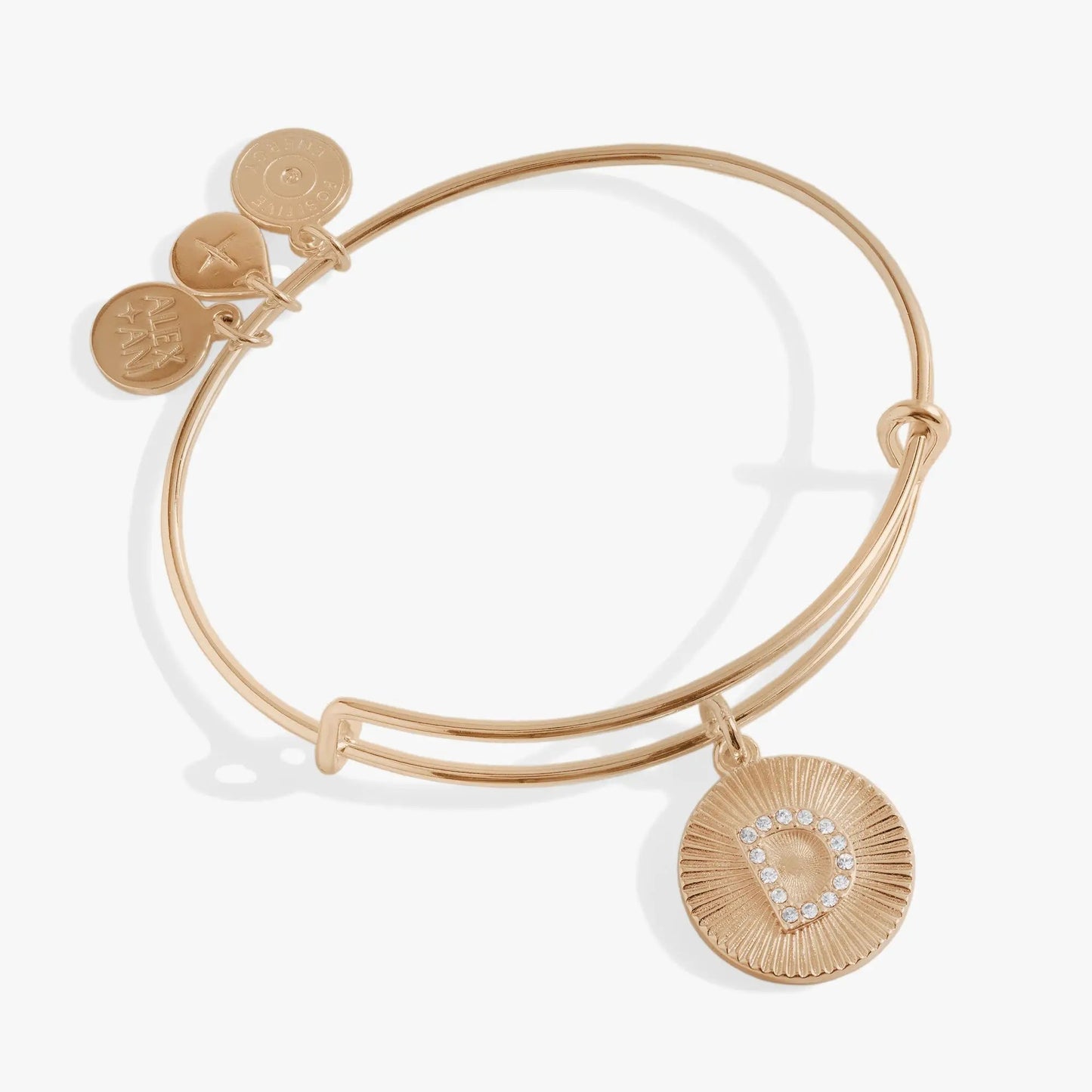 Initial D Pave Starburst Bangle rose gold bracelet by ALEX AND ANI with pavé crystal disk charm on Tampa Home & Garden Store