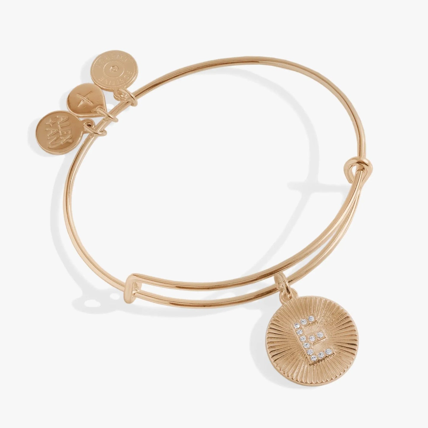 Initial E pave starburst texture bangle rose gold with 3 Alex and Ani discs on Tampa Home & Garden Store