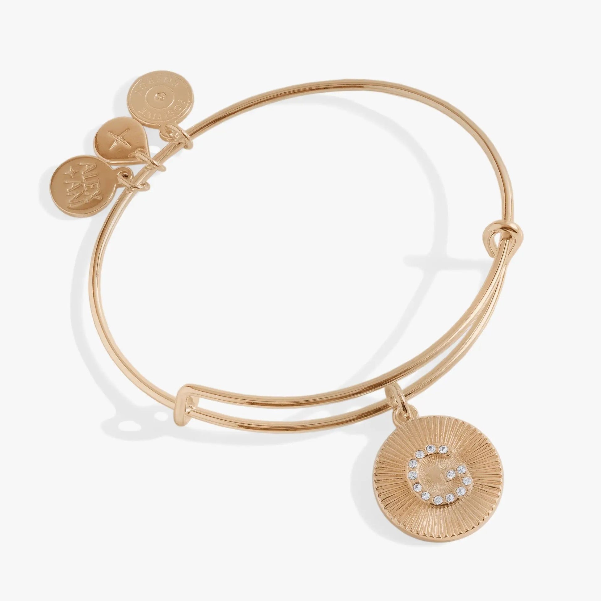 Initial G pave starburst texture rose gold bangle with 4 charms by ALEX AND ANI on Tampa Home & Garden Store