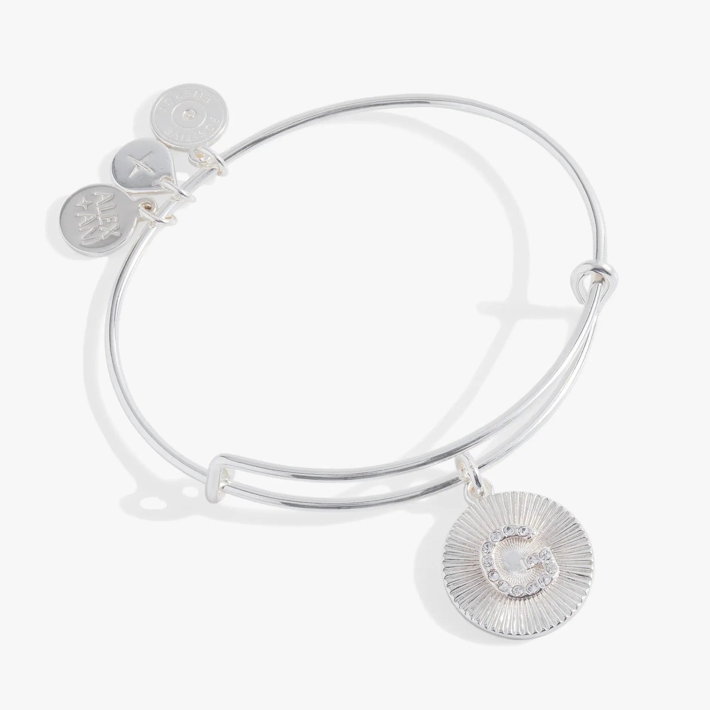 Initial G pave starburst texture bangle by ALEX AND ANI with round disc charms silver tone on Tampa Home & Garden Store