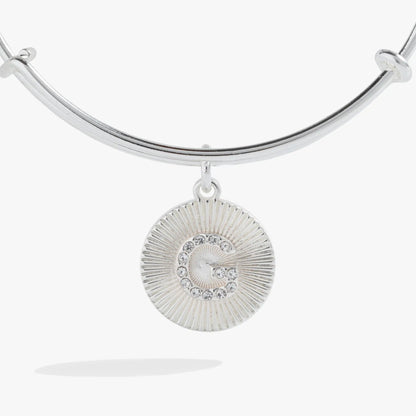 Initial G pave starburst texture bangle with sunburst pendant in silver tone on Tampa Home & Garden Store