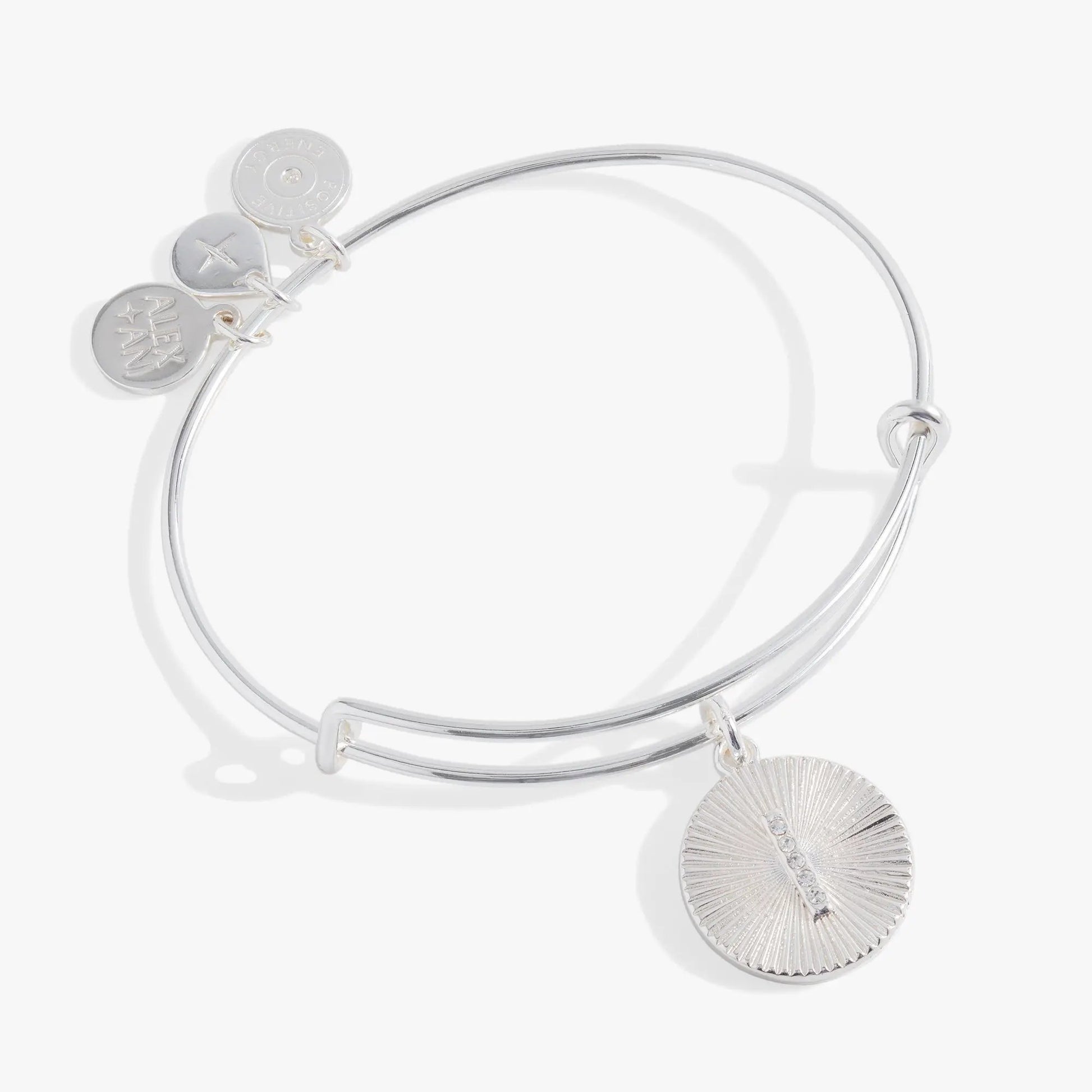 Initial I pave starburst texture bangle by Alex and Ani with silver finish and round charms on Tampa Home & Garden Store