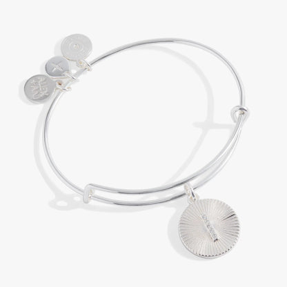 Initial I pave starburst texture bangle by Alex and Ani with silver finish and round charms on Tampa Home & Garden Store
