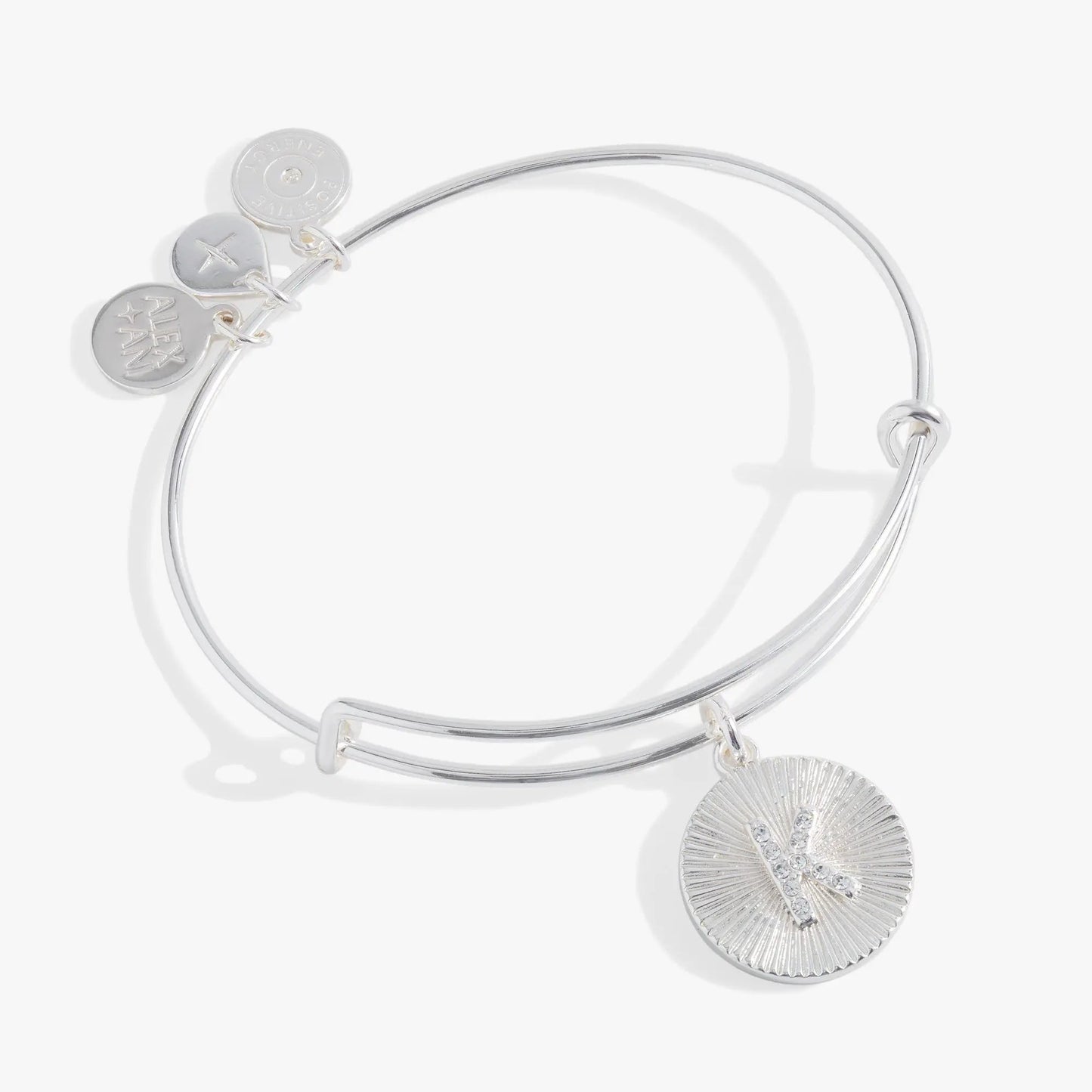 Initial K pave starburst texture bangle bracelet silver-tone with linked ALEX AND ANI discs on Tampa Home & Garden Store