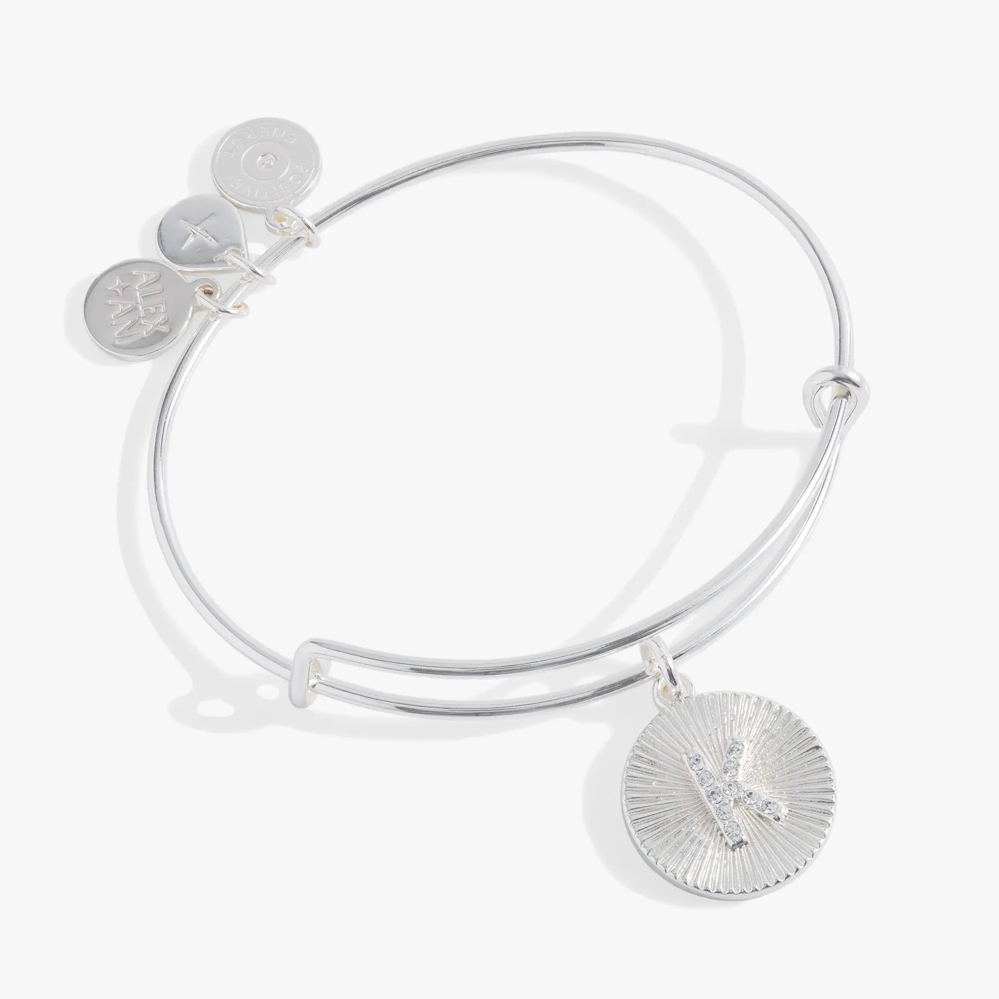 Initial K pave starburst texture bangle bracelet silver-tone with linked ALEX AND ANI discs on Tampa Home & Garden Store