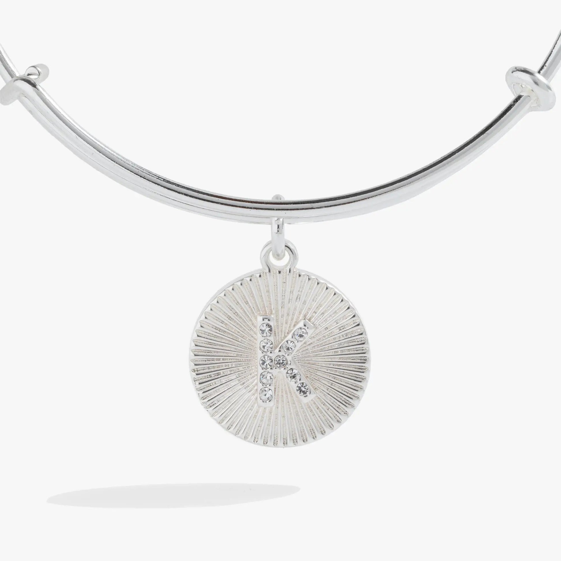 Initial K Pave Starburst Bangle by ALEX AND ANI, silver bracelet with pave crystals pendant on Tampa Home & Garden Store