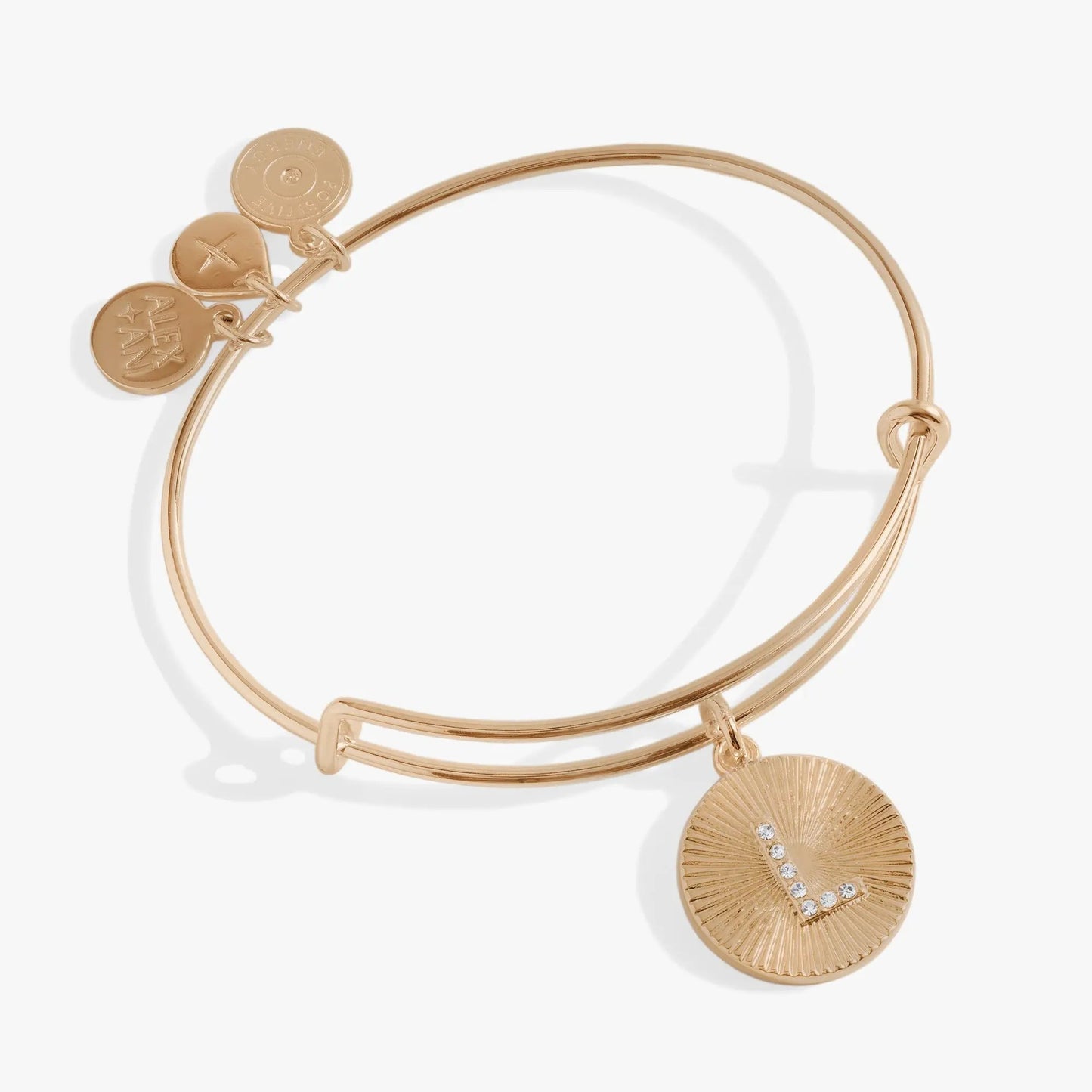 Initial L pave starburst texture rose gold bangle bracelet with Alex and Ani charms on Tampa Home & Garden Store