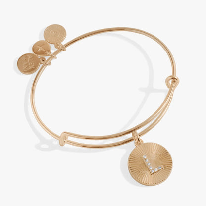 Initial L pave starburst texture rose gold bangle bracelet with Alex and Ani charms on Tampa Home & Garden Store