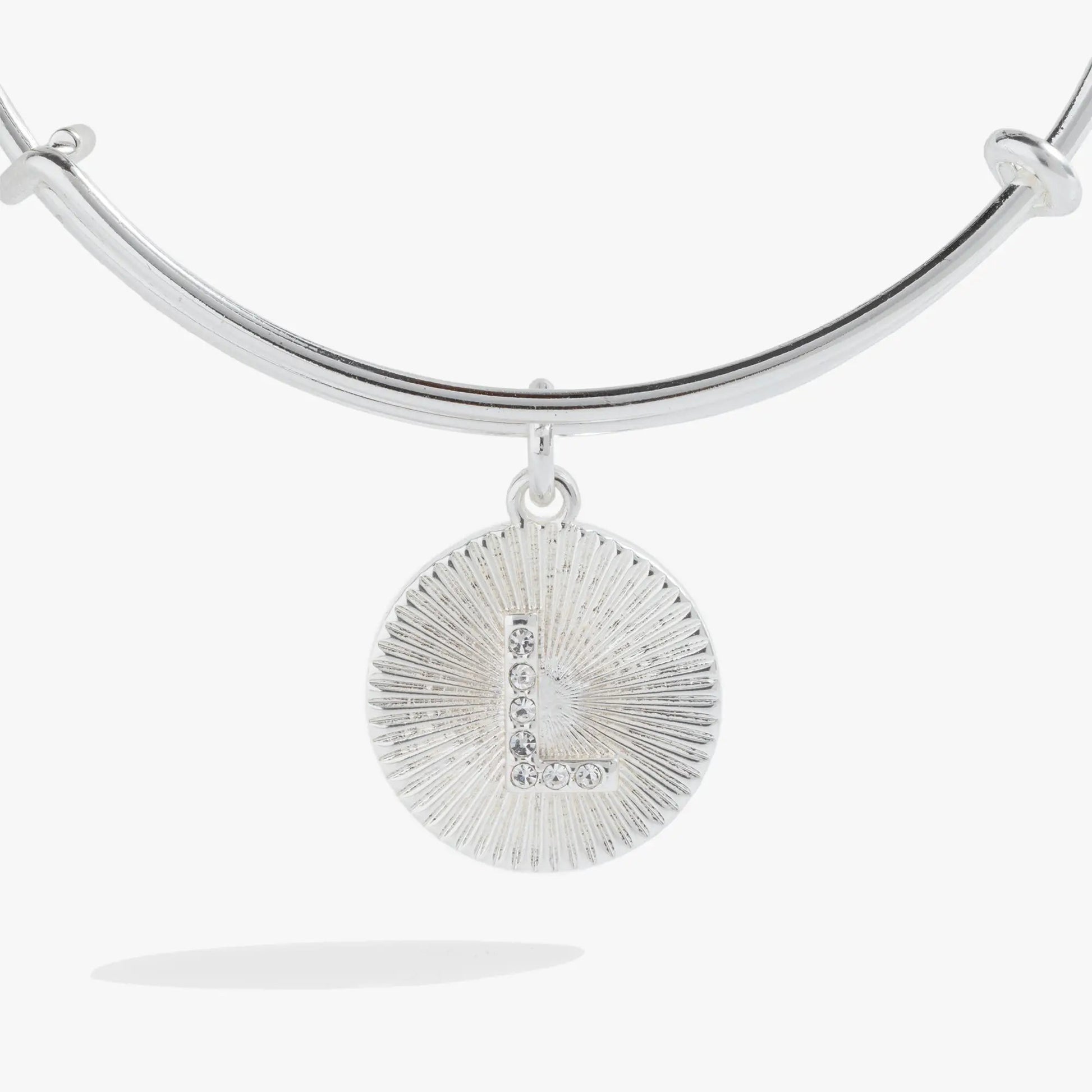 Initial L pave starburst texture bangle, silver tone with crystal accents on Tampa Home & Garden Store