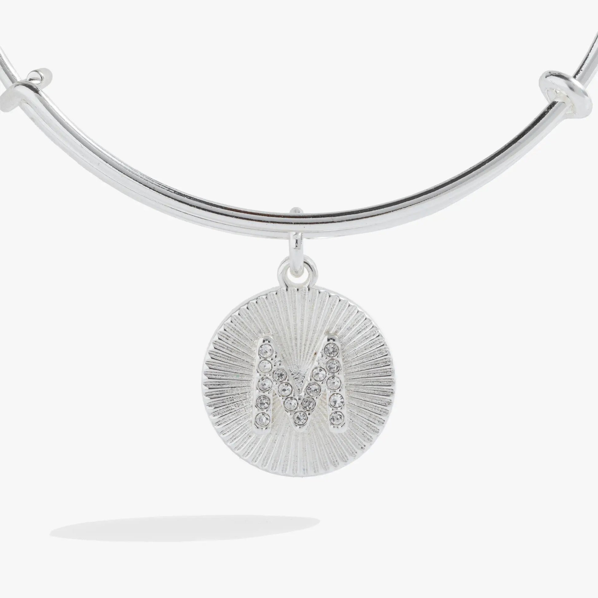 Initial M pave starburst texture bangle bracelet with silver pave leaf pendant on Tampa Home & Garden Store