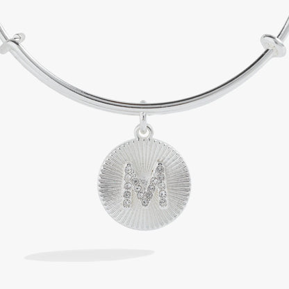 Initial M pave starburst texture bangle bracelet with silver pave leaf pendant on Tampa Home & Garden Store