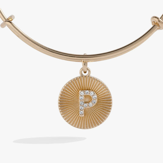 Initial P Pave Starburst Texture Bangle bracelet in gold-tone with sunburst pendant and crystals on Tampa Home & Garden Store
