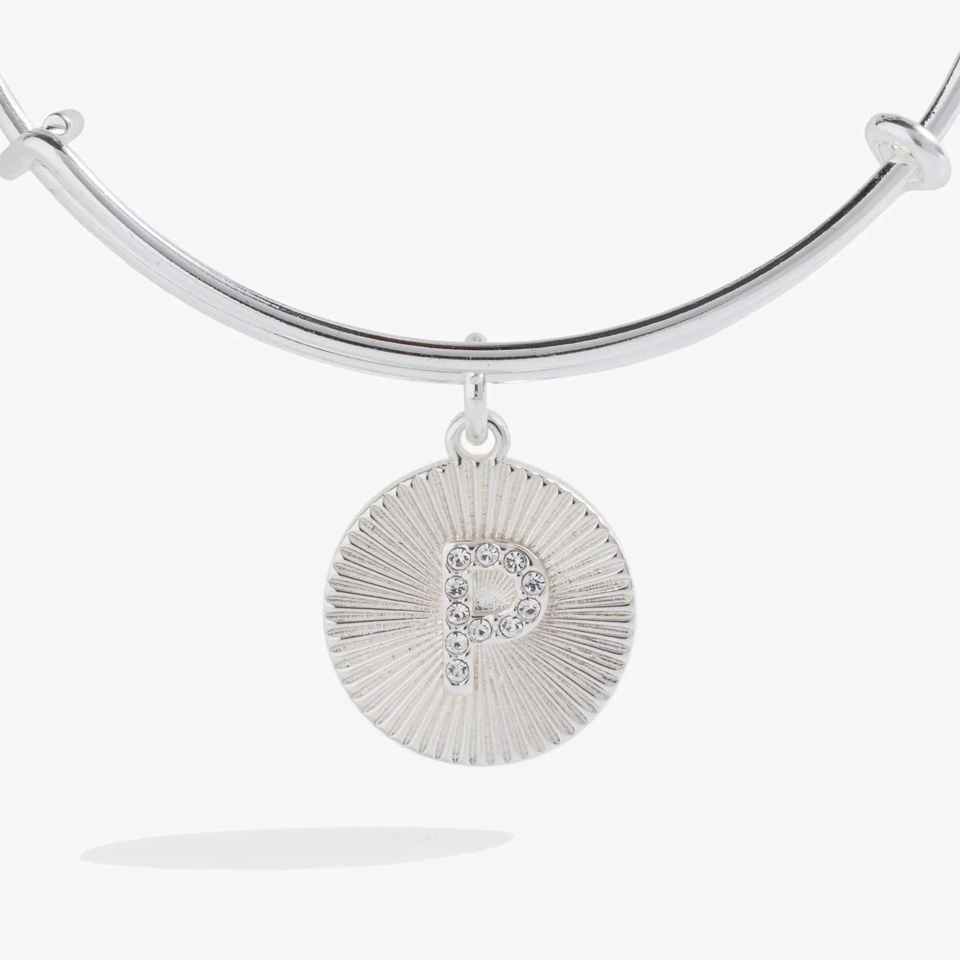Initial P Pave Starburst Texture Bangle, silver-tone Alex and Ani bracelet with sunburst pendant on Tampa Home & Garden Store