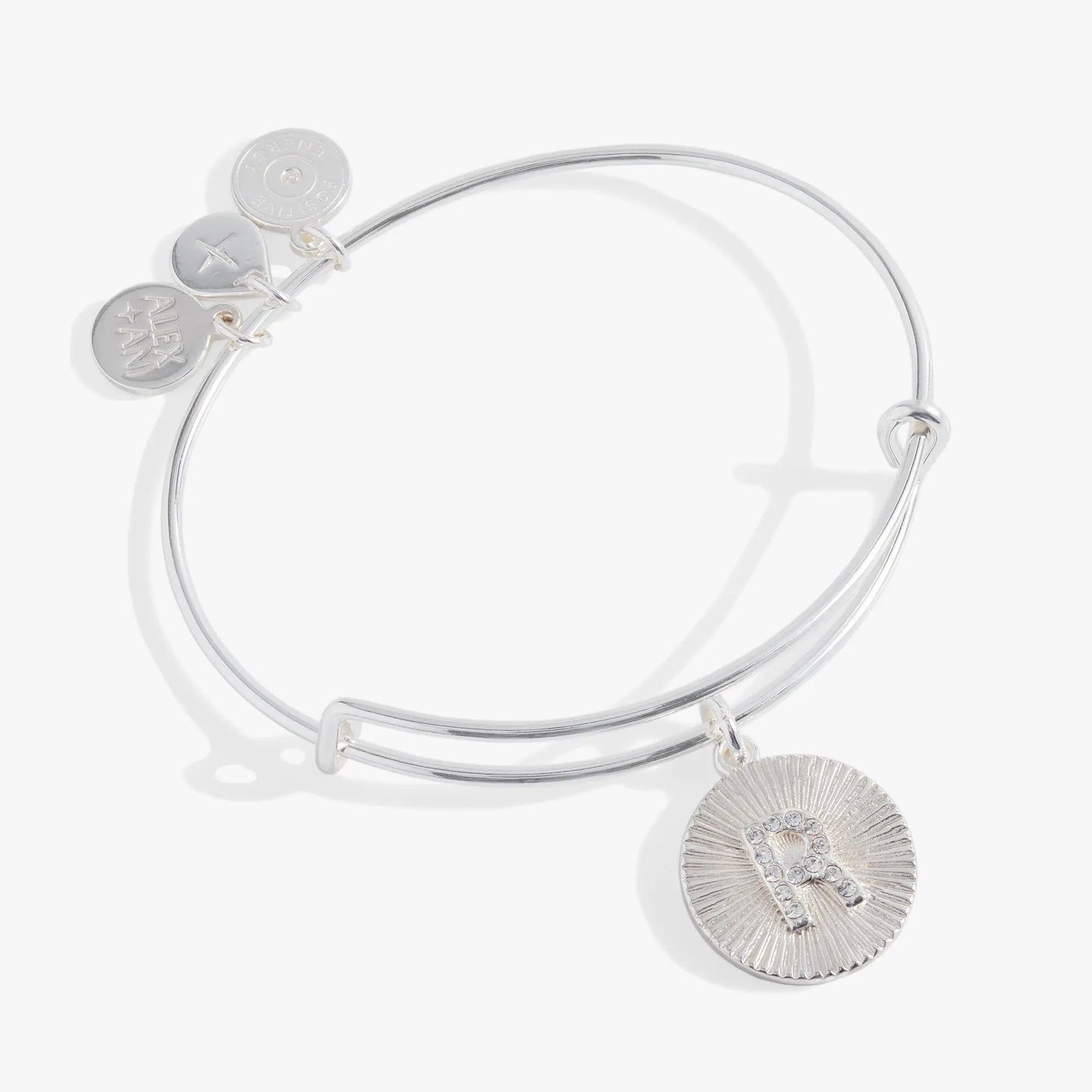 Initial R pave starburst texture bangle by Alex and Ani, silver bracelet with crystal charm on Tampa Home & Garden Store