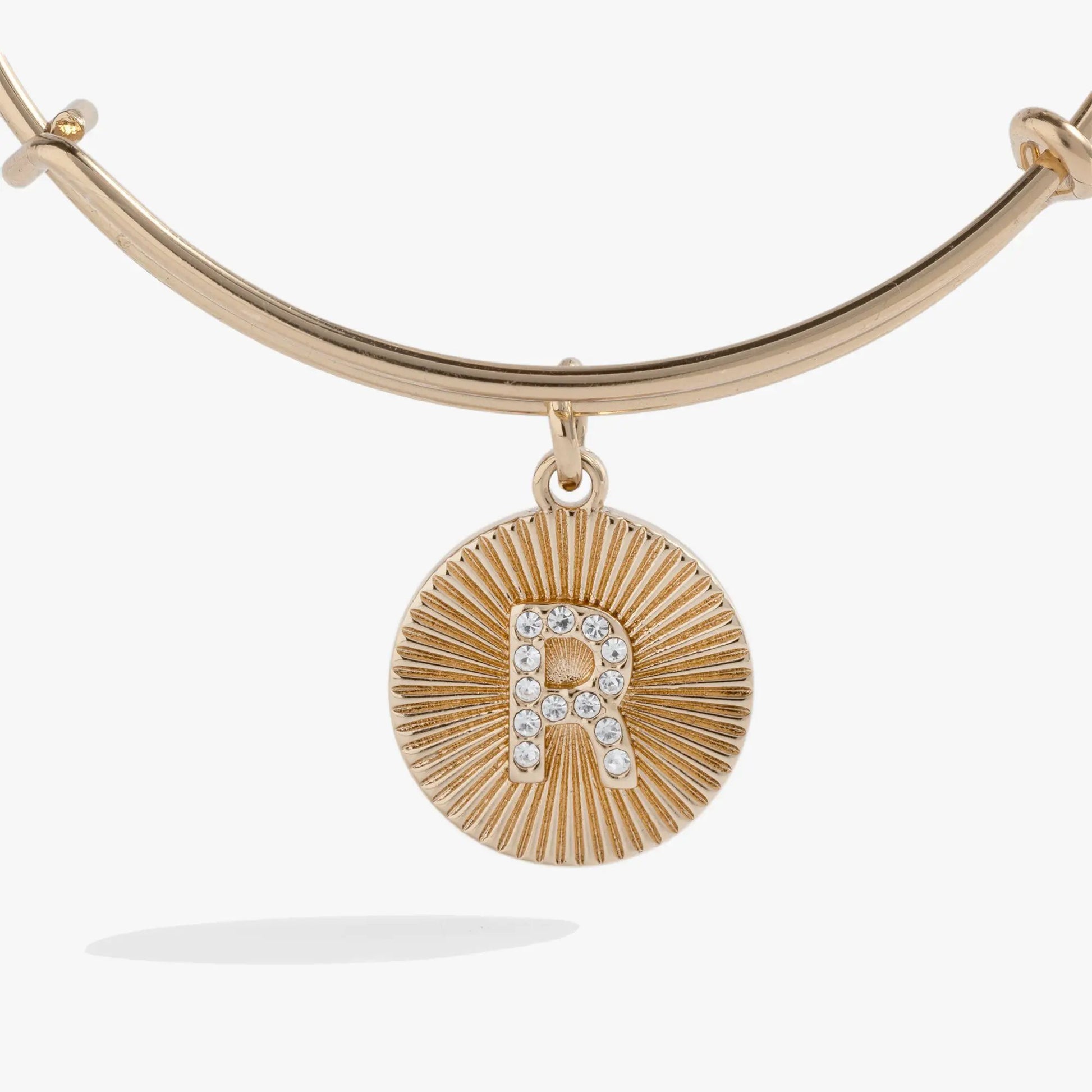 Alex and Ani Initial R pave starburst texture gold-tone bangle with crystal sunburst pendant on Tampa Home & Garden Store