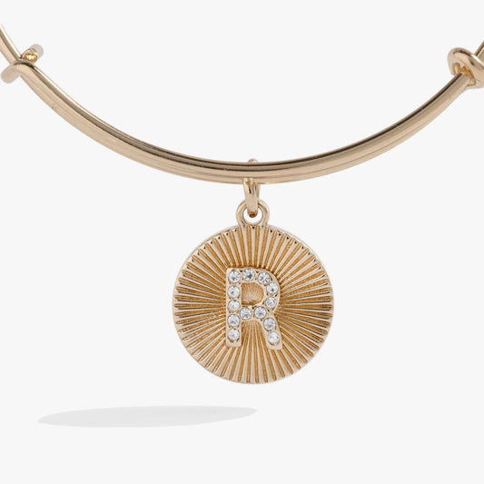Alex and Ani Initial R pave starburst texture gold-tone bangle with crystal sunburst pendant on Tampa Home & Garden Store
