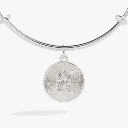 Initial R pave starburst texture bangle in silver with oval pendant and pave stones on Tampa Home & Garden Store