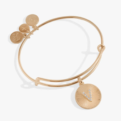 Bracelet Initial V Pave Starburst Texture Bangle rose gold with Alex and Ani disc charms on Tampa Home & Garden Store
