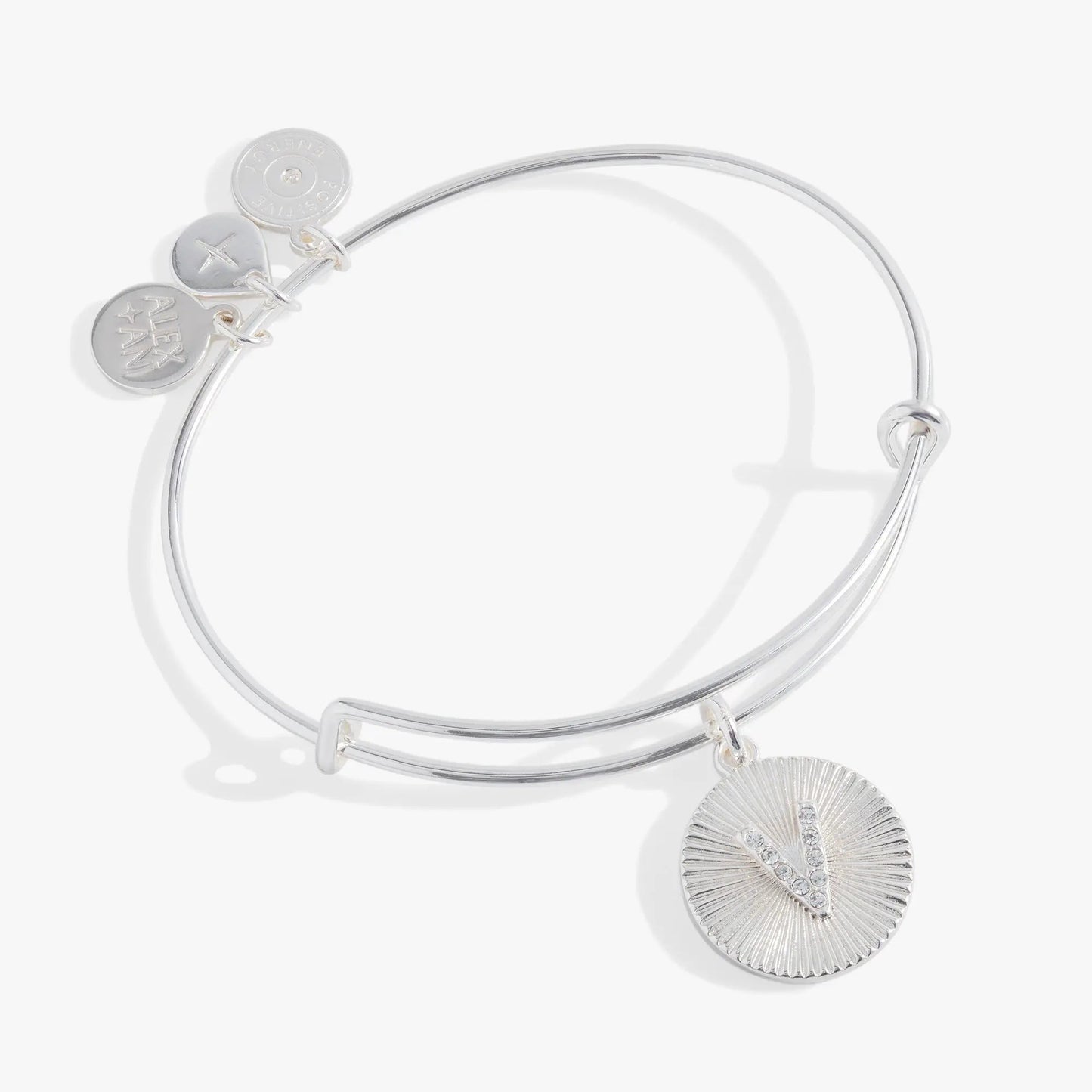 Initial V Pave Starburst Texture Bangle bracelet with ALEX AND ANI logo disc and sunburst pendant on Tampa Home & Garden Store