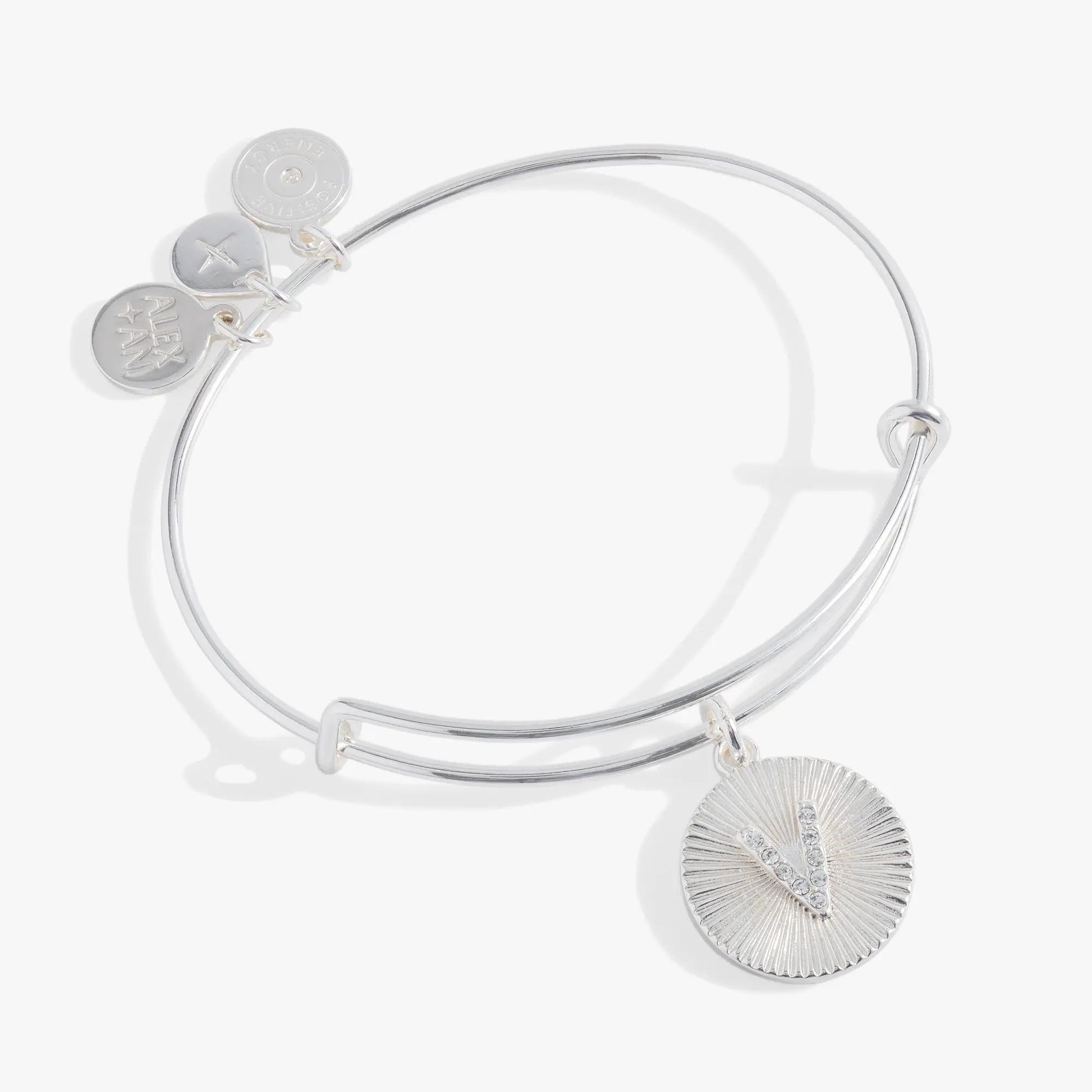 Initial V Pave Starburst Texture Bangle bracelet with ALEX AND ANI logo disc and sunburst pendant on Tampa Home & Garden Store