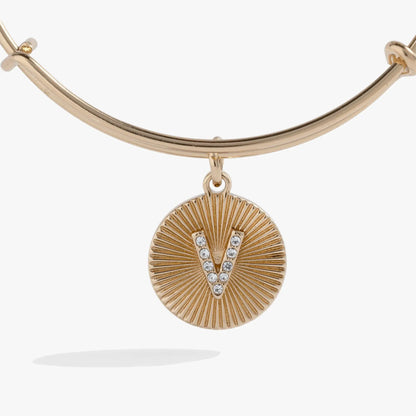 Gold-toned Initial V pave starburst texture bangle with crystal sunburst pendant on Tampa Home & Garden Store