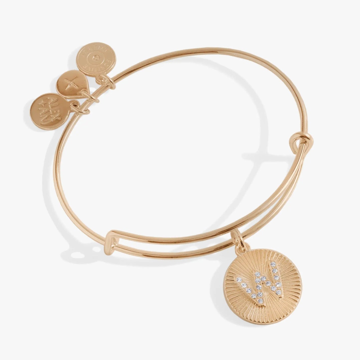 Initial W pave starburst texture bangle with disk charms, rose gold, by ALEX AND ANI on Tampa Home & Garden Store