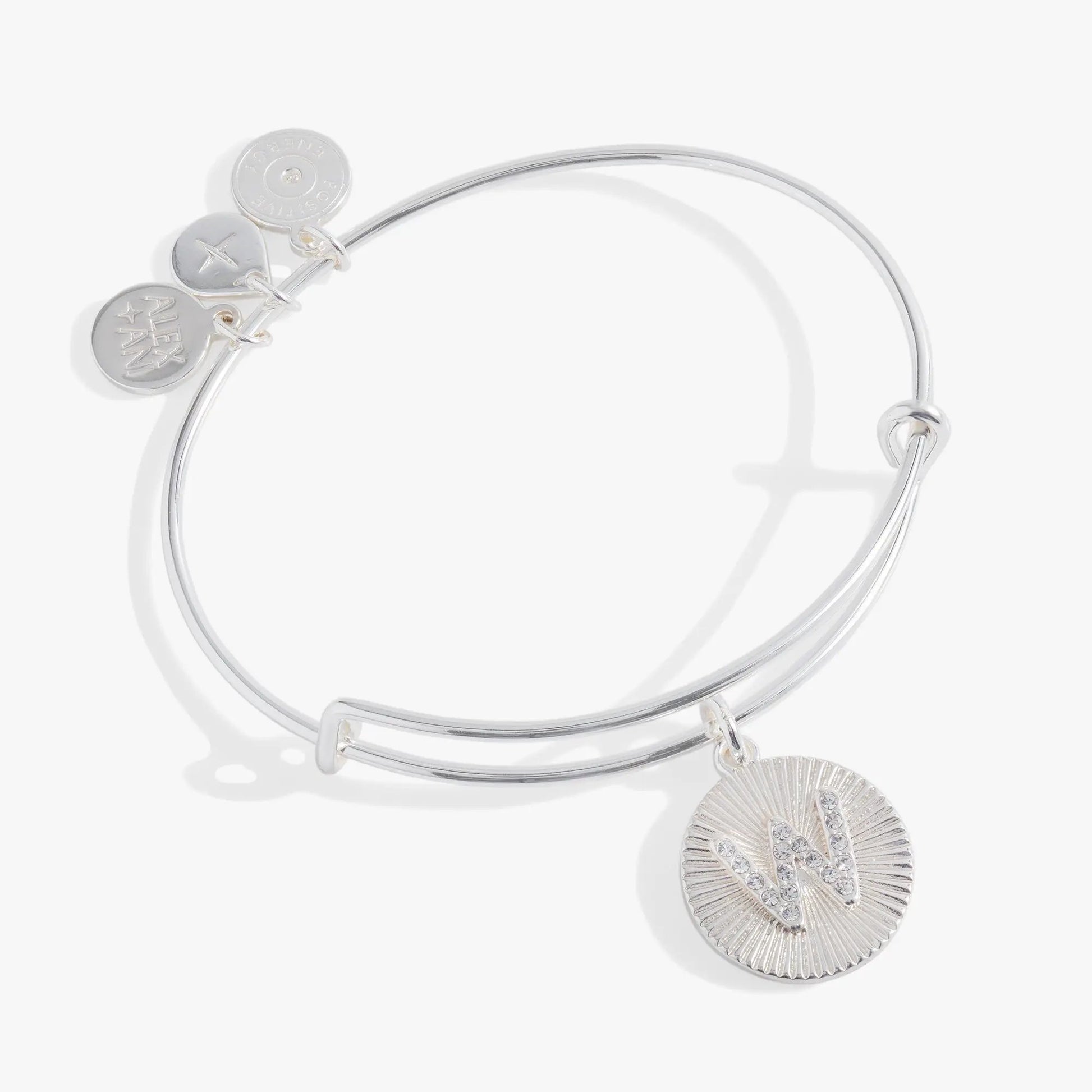 Initial W pave starburst texture bangle with disc charms and crystal sunburst pendant by Alex and Ani on Tampa Home & Garden Store