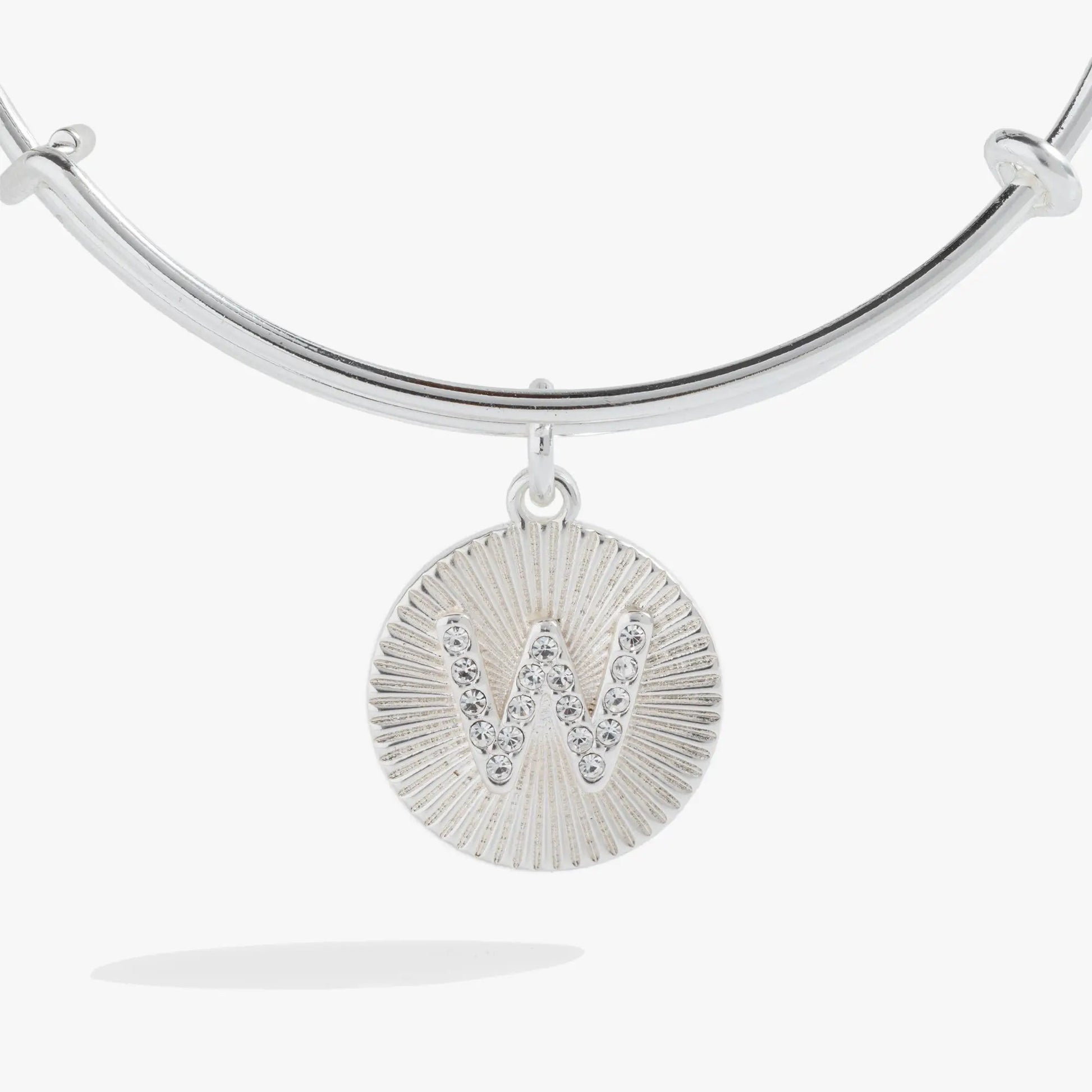Initial W pave starburst texture bangle by Alex and Ani with crystal pendant, silver tone on Tampa Home & Garden Store