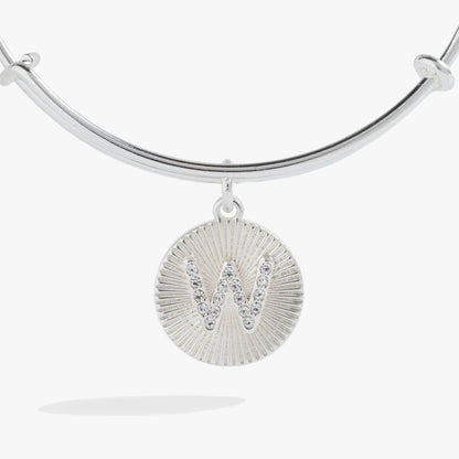 Initial W pave starburst texture bangle by Alex and Ani with crystal pendant, silver tone on Tampa Home & Garden Store