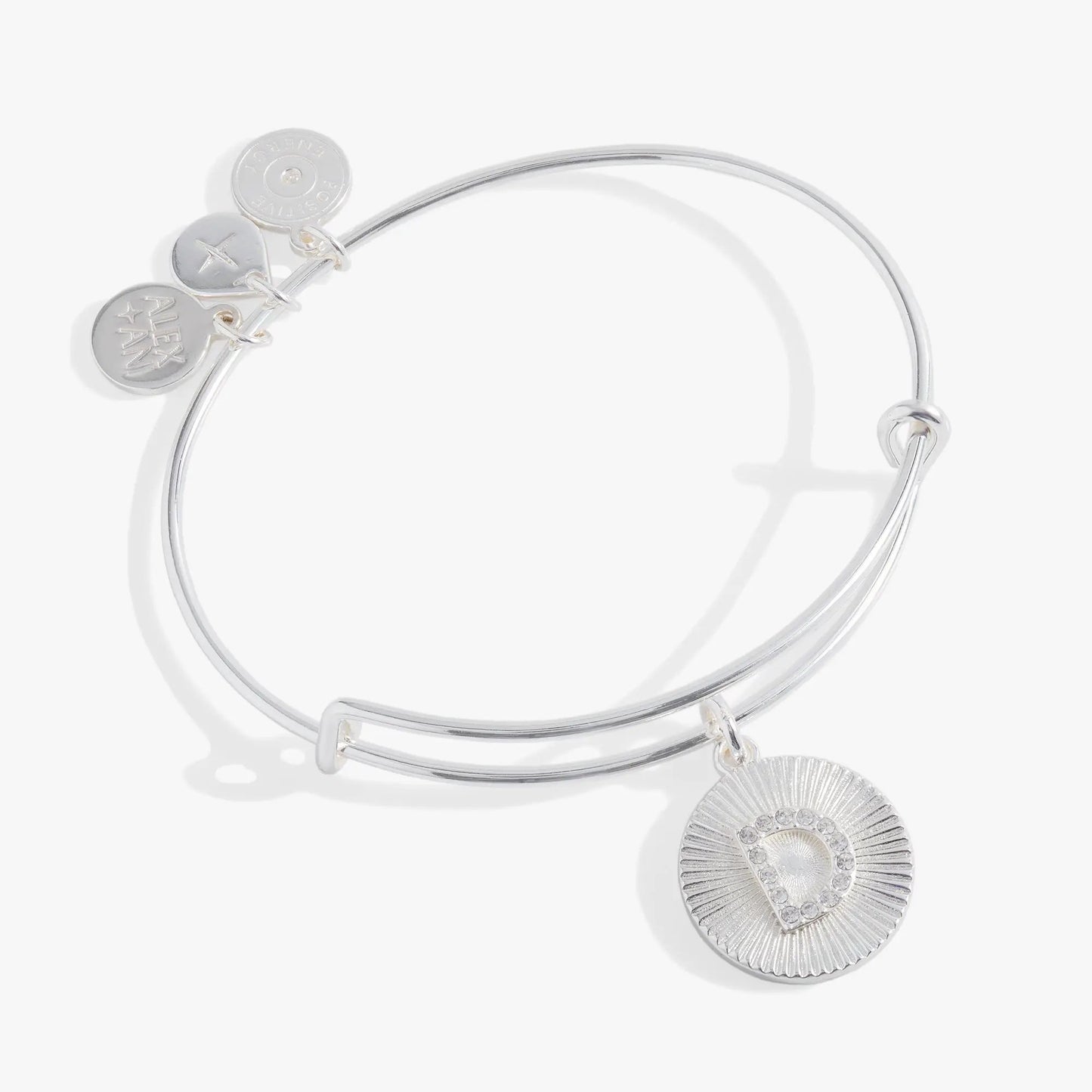 Initial D pave starburst texture bangle bracelet in silver with 3 Alex and Ani charms on Tampa Home & Garden Store