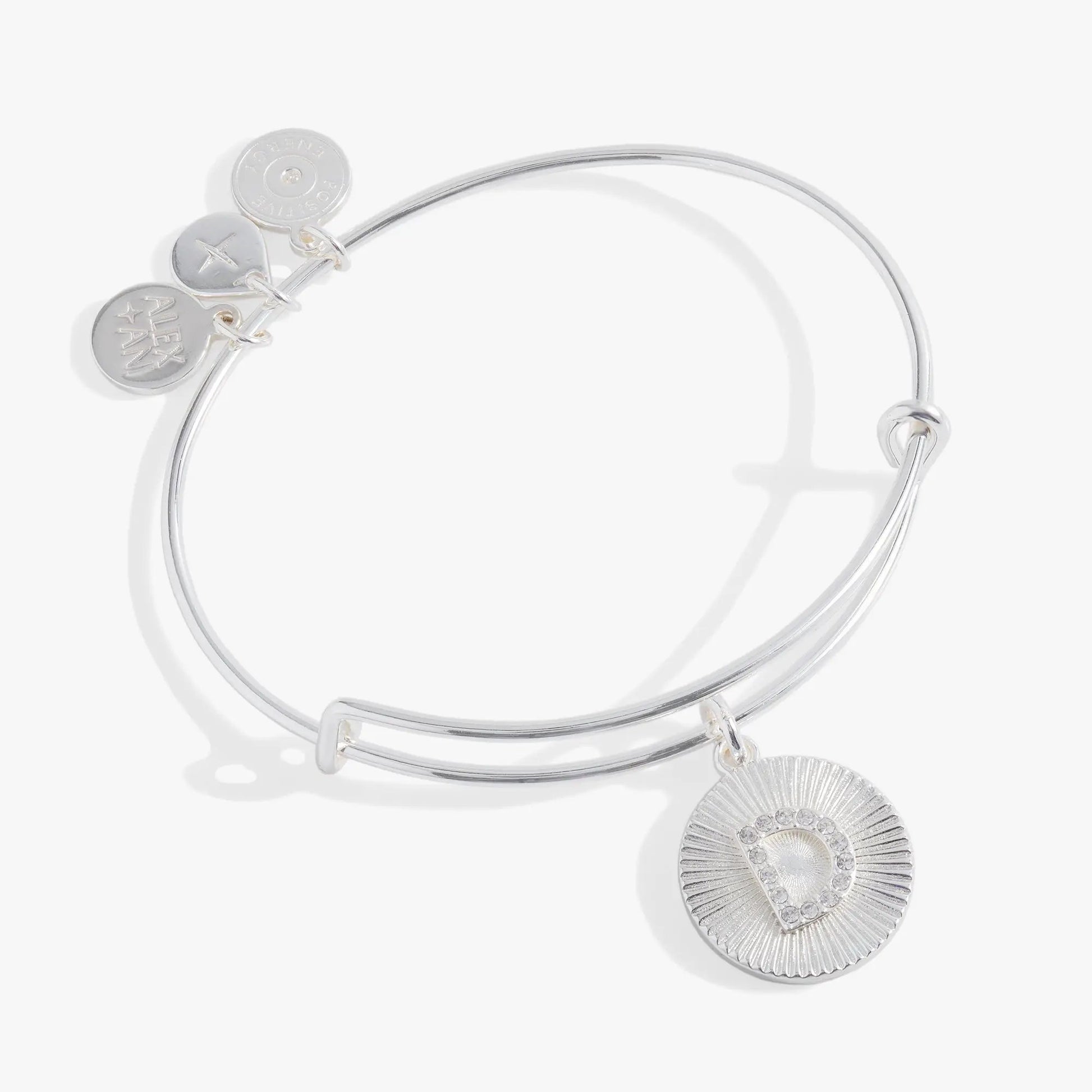 Initial D pave starburst texture bangle bracelet in silver with 3 Alex and Ani charms on Tampa Home & Garden Store