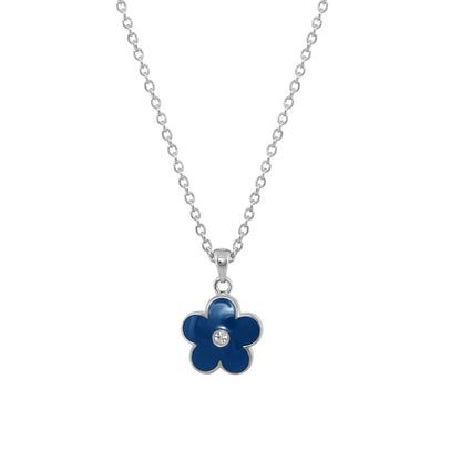 Flower Girl Necklace with blue enamel flower pendant and clear gemstone center on silver chain on Tampa Home & Garden Store