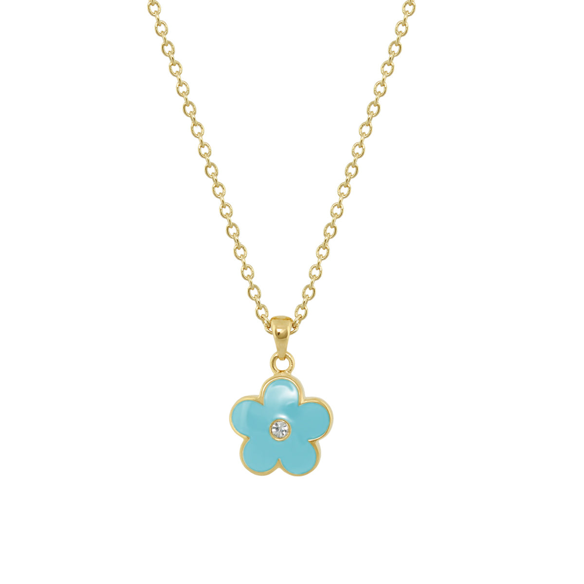 Flower Girl Necklace gold-tone chain turquoise flower pendant with crystal center on Tampa Home & Garden Store