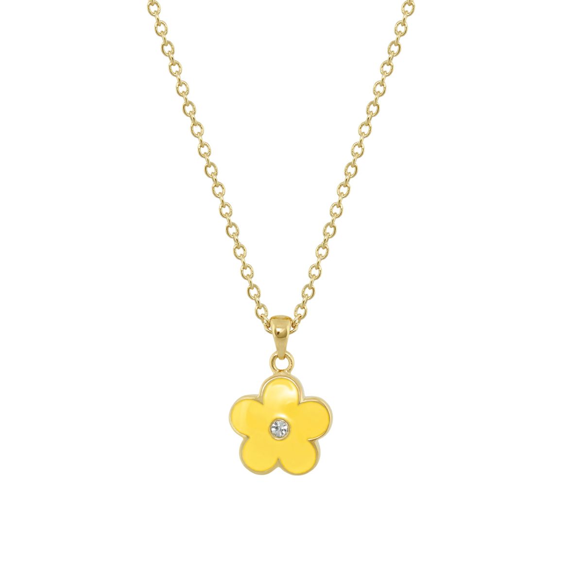 Flower Girl Necklace gold chain with yellow enamel flower pendant and crystal center on Tampa Home & Garden Store