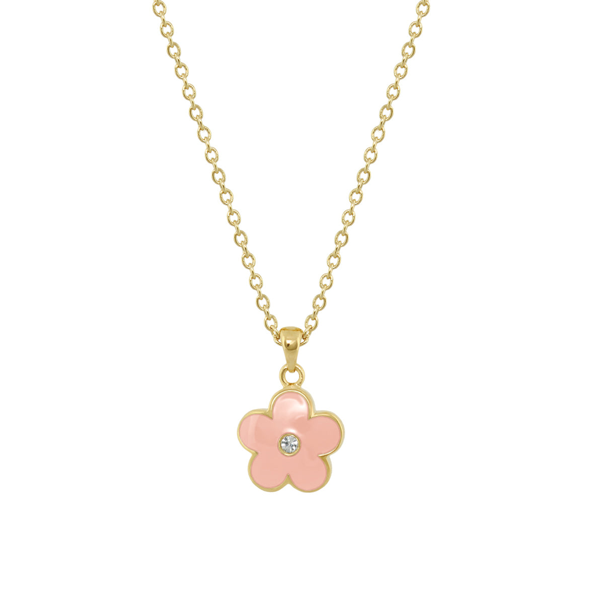 Flower Girl Necklace pink enamel flower pendant with a crystal center on a gold chain on Tampa Home & Garden Store