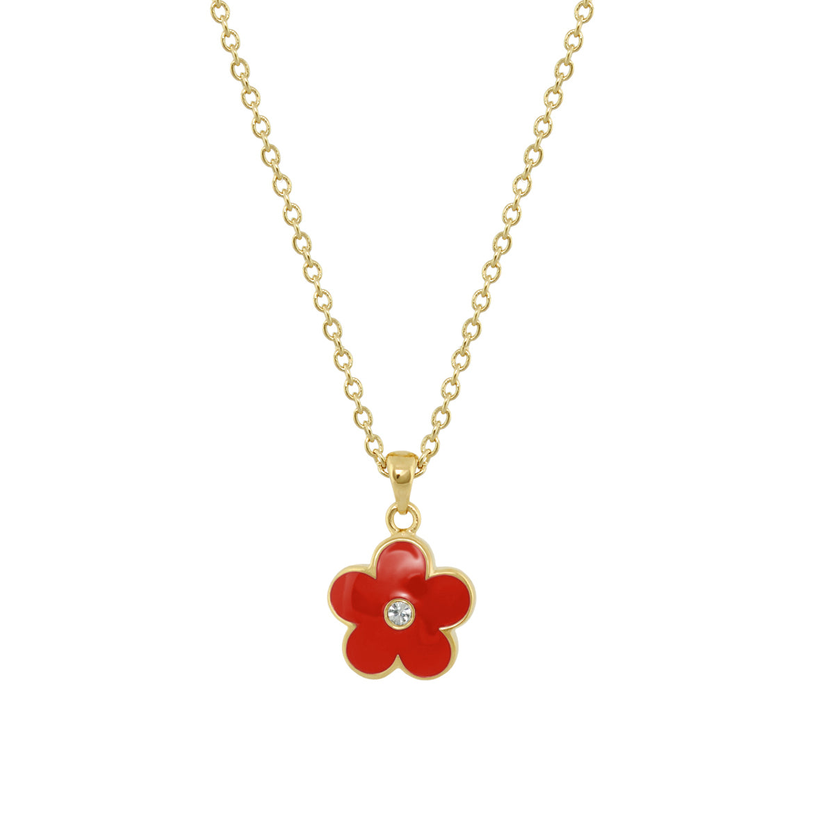 Flower Girl Necklace by Lauren G Adams, red flower pendant with crystal center on gold chain on Tampa Home & Garden Store