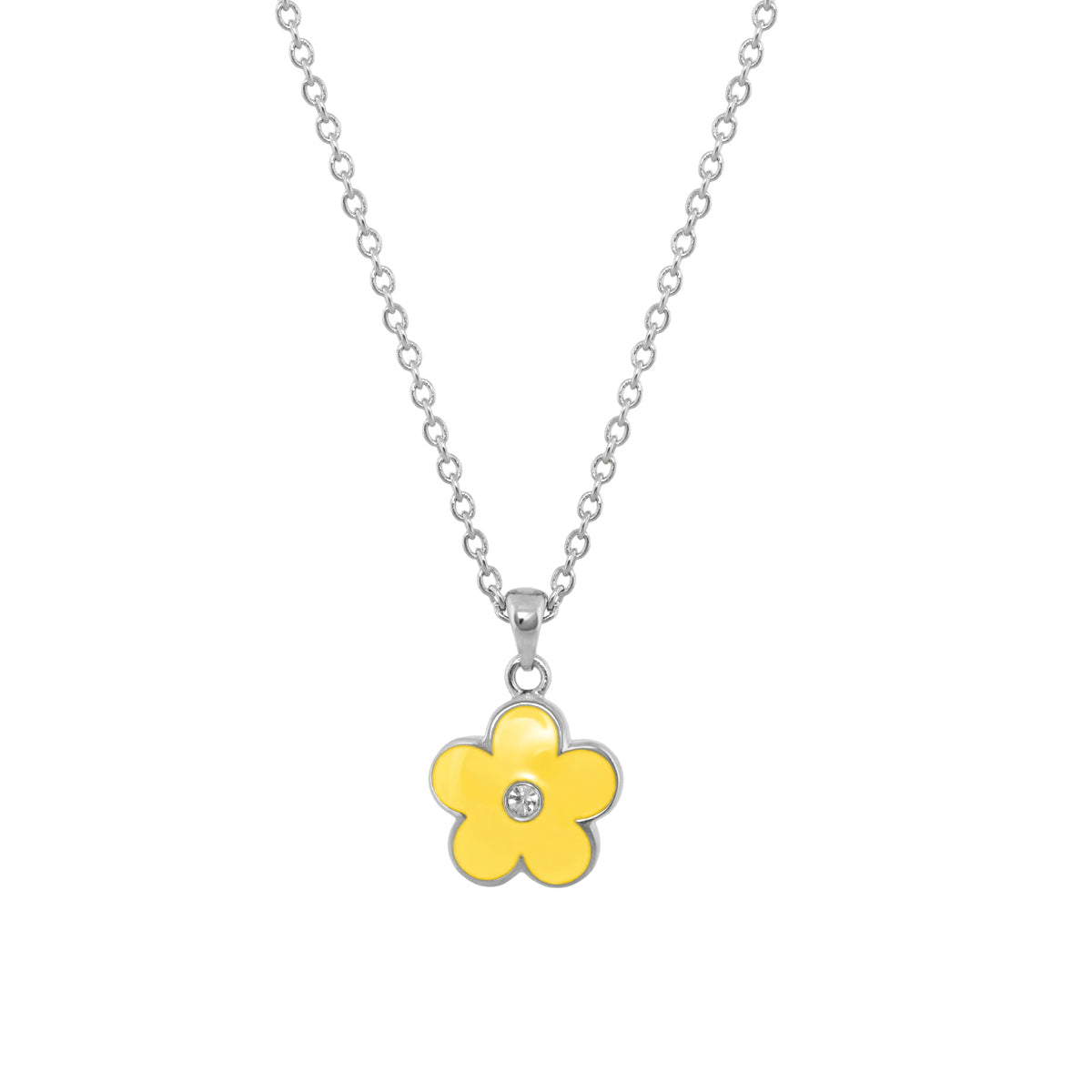 Flower Girl Necklace with yellow enamel flower pendant and crystal center on a silver chain on Tampa Home & Garden Store