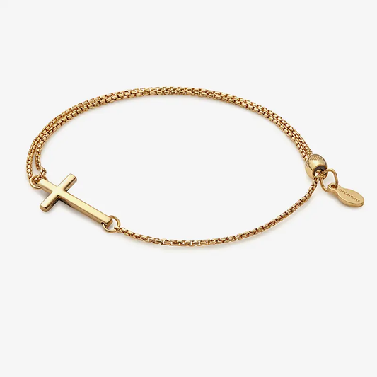 Pull Chain Cross Bracelet gold tone chain with cross charm and ALEX AND ANI tag on Tampa Home & Garden Store