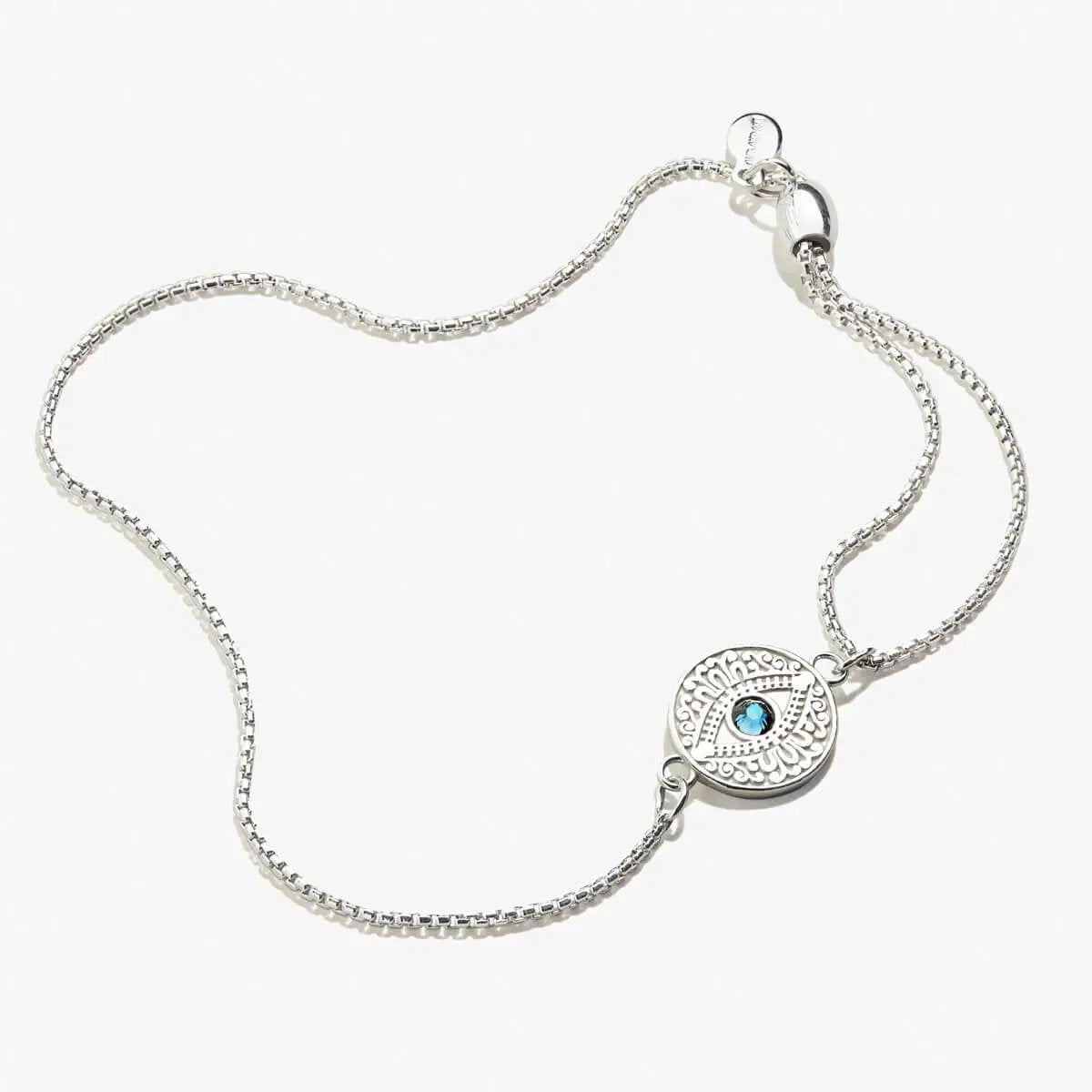 Evil Eye Crystal Pull Chain Bracelet by Alex and Ani with blue eye charm on silver chain on Tampa Home & Garden Store