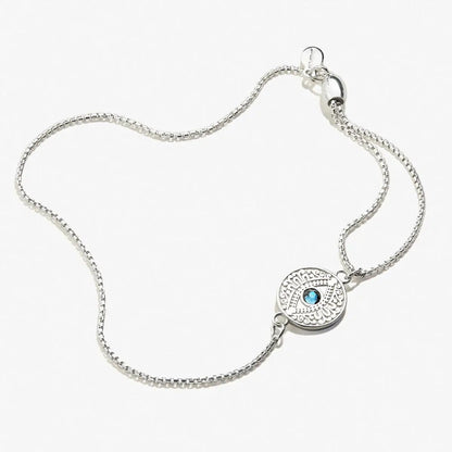 Evil Eye Crystal Pull Chain Bracelet by Alex and Ani with blue eye charm on silver chain on Tampa Home & Garden Store