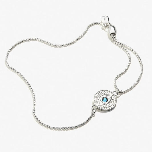 Evil Eye Crystal Pull Chain Bracelet by Alex and Ani with blue eye charm on silver chain on Tampa Home & Garden Store