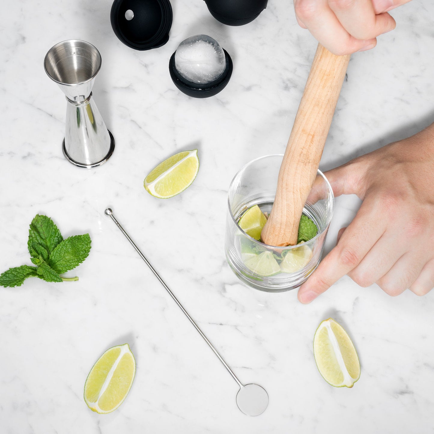 Stainless Steel Muddler Bar Set and Glassware