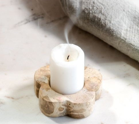 Beige marble flower tealight holder with white candle Thenestedfig on Tampa Home & Garden Store