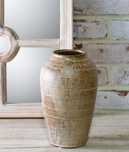 Milky beige ceramic vase by Thenestedfig, rustic glaze with subtle horizontal bands on Tampa Home & Garden Store