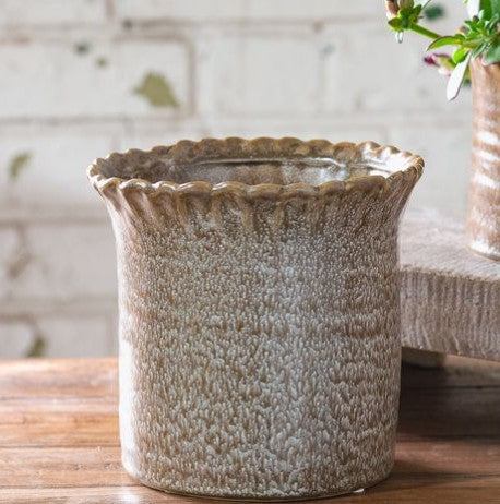 Brown Speck Scallop Top Vase with textured glaze and scalloped rim by Thenestedfig on Tampa Home & Garden Store