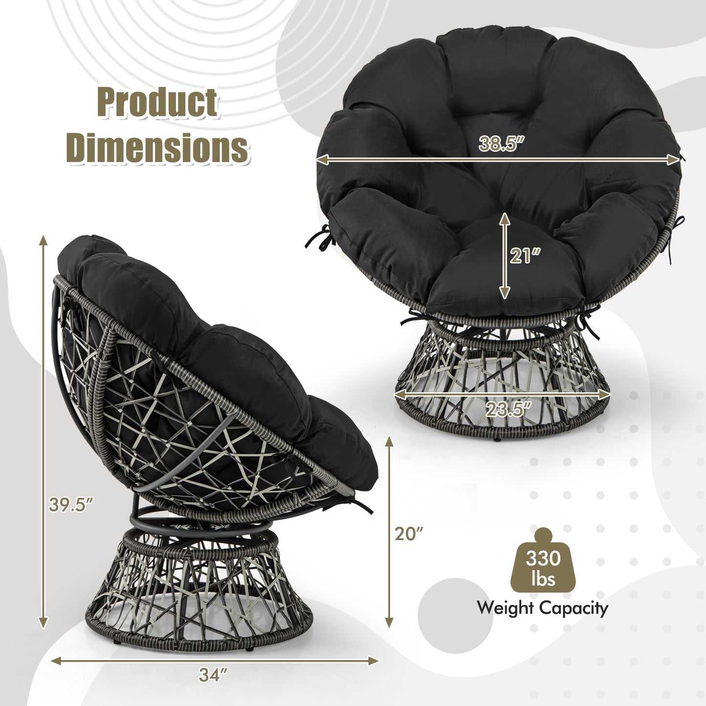 PE Wicker Papasan Chair with Thick and Removable Cushion-Black