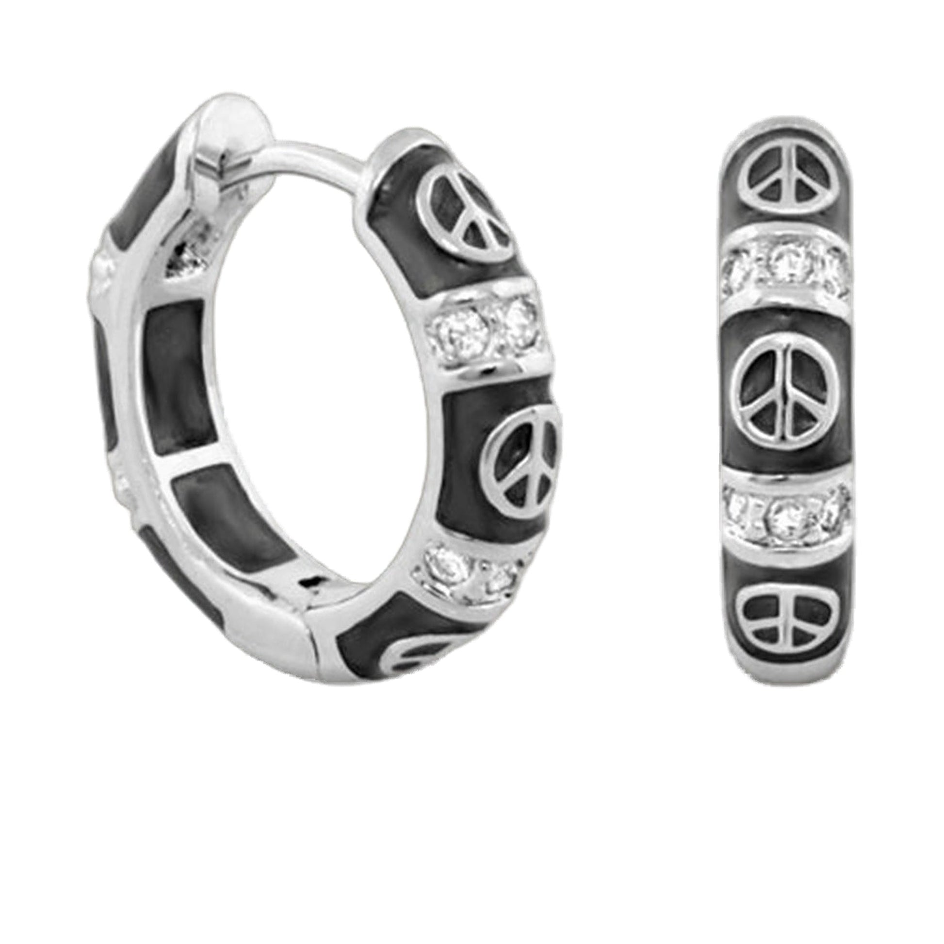 Peaceful Kids Earring set by Lauren G Adams; pair silver hoops with black enamel peace signs on Tampa Home & Garden Store